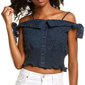 NWT Kendall + Kylie Navy Eyelet Lace Smocked Tie Sleeve Crop Tank S
